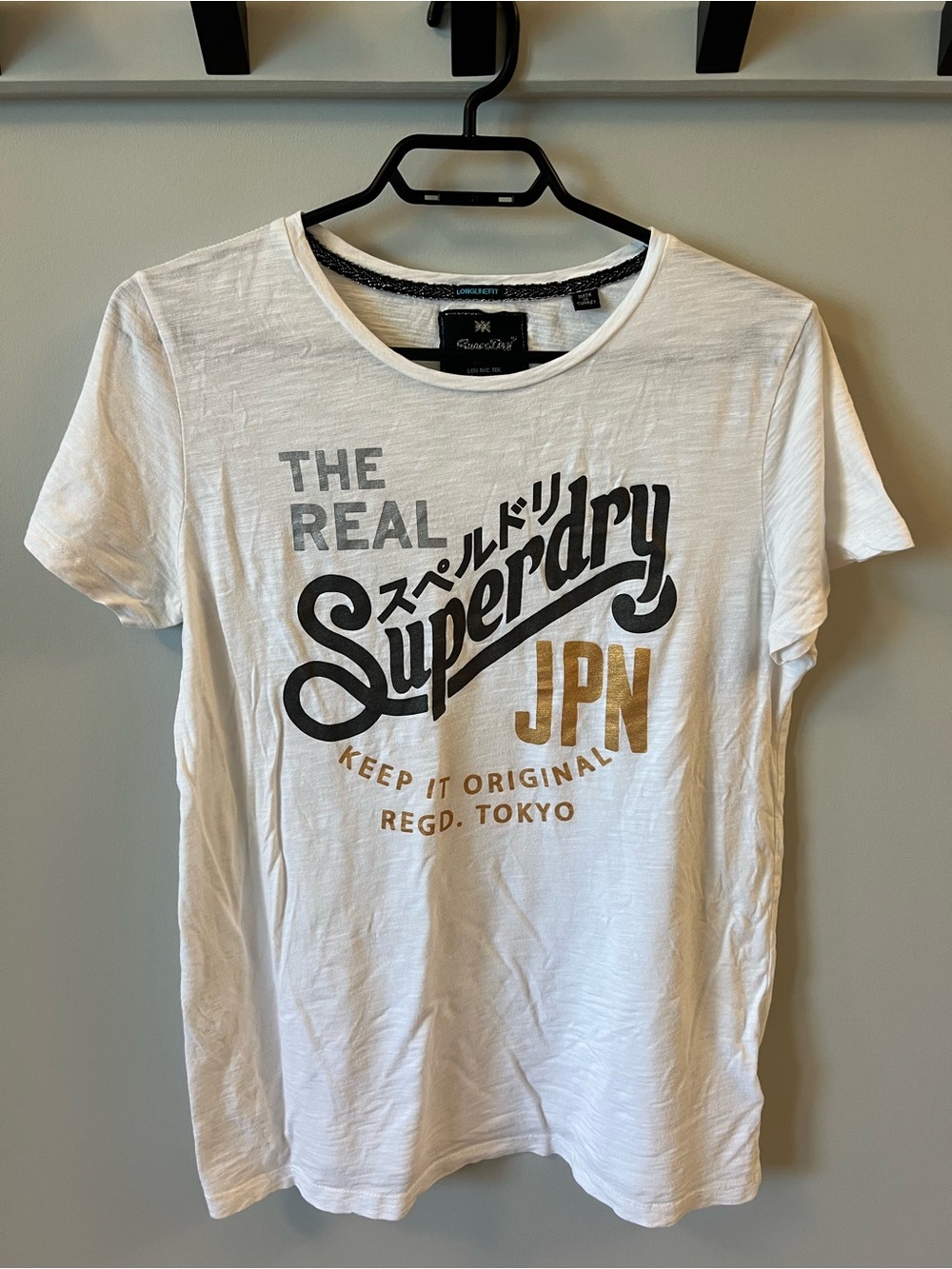 Superdry White Short Sleeve Tee with Gray and Gold Logo